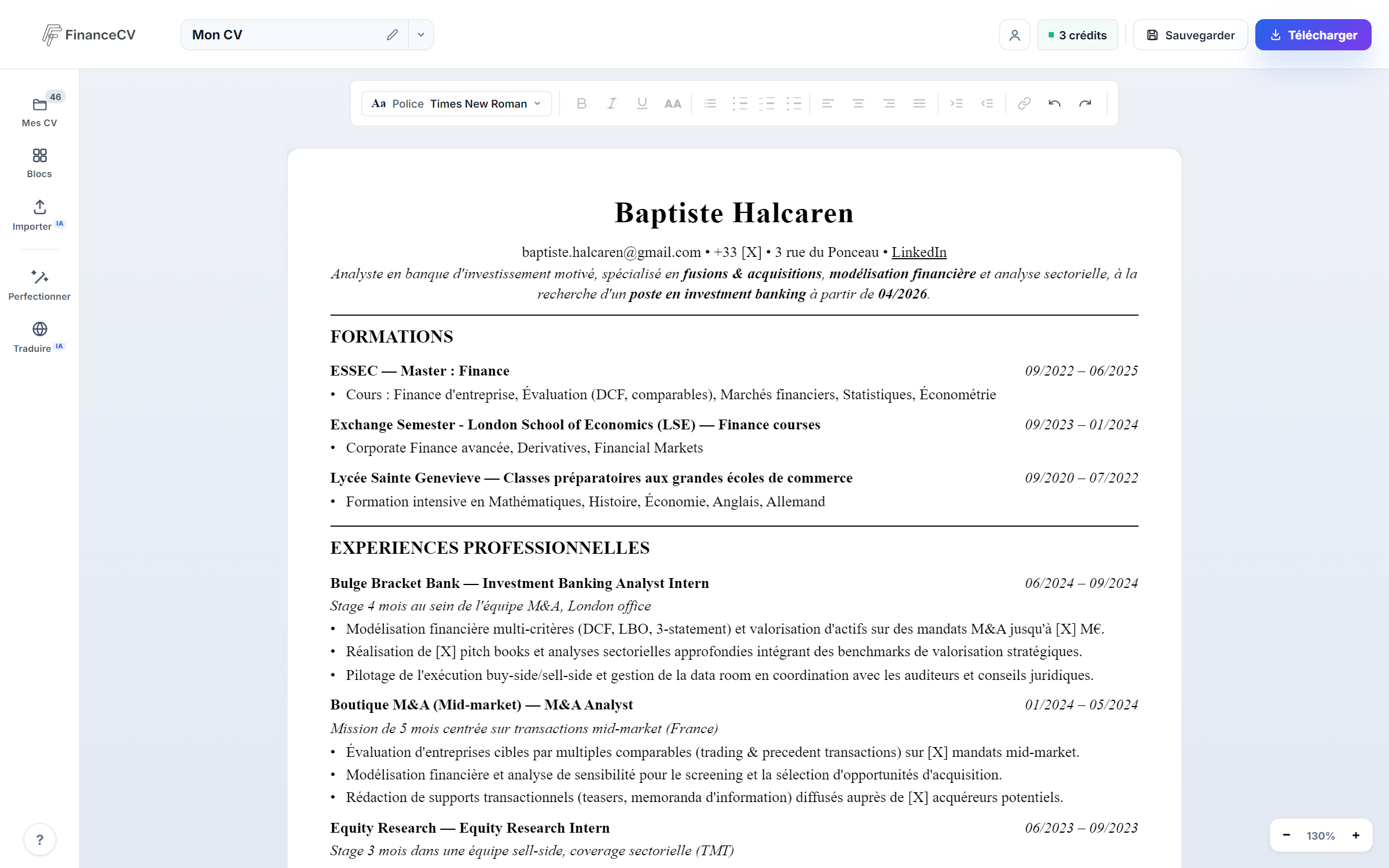 Éditeur : le CV édité directement sur la feuille