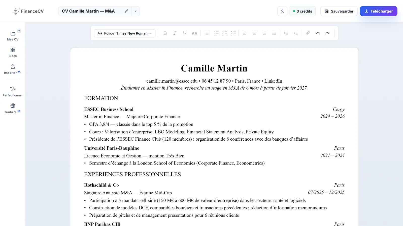 Éditeur : le CV est édité directement sur la feuille