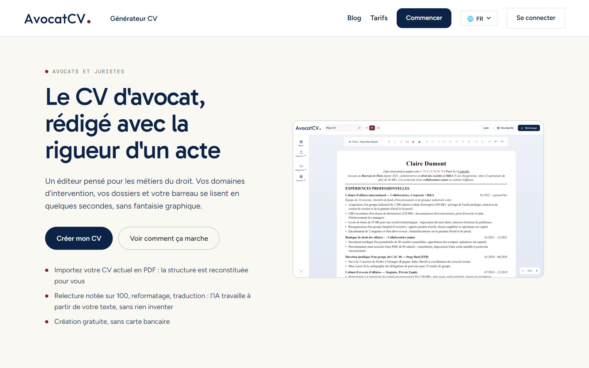 Page d'accueil d'AvocatCV